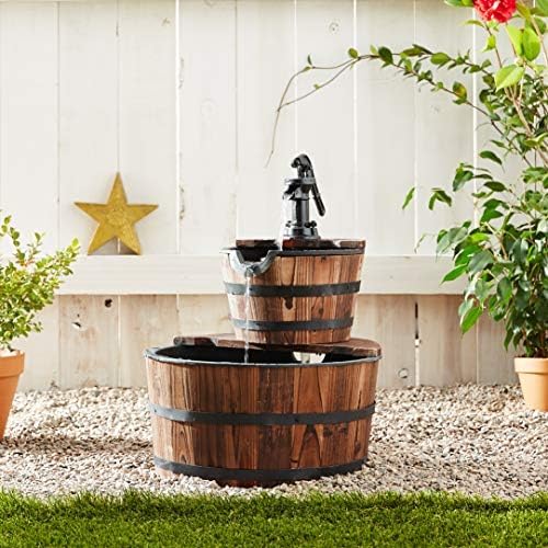 Backyard Expressions 2-Tier Cascading Barrel Fountain with Rustic Pump – Outdoor Water Feature for Garden, Patio, or Deck – Weathered Wood Look with Electric Recirculating Pump
