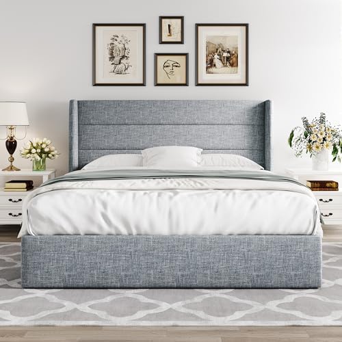 Allewie Full Size Lift Up Hydraulic Storage Bed Frame Blue Grey