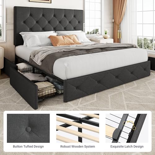 Allewie Queen Size Storage Bed Frame with 4 Underbed Drawers, Dark Grey