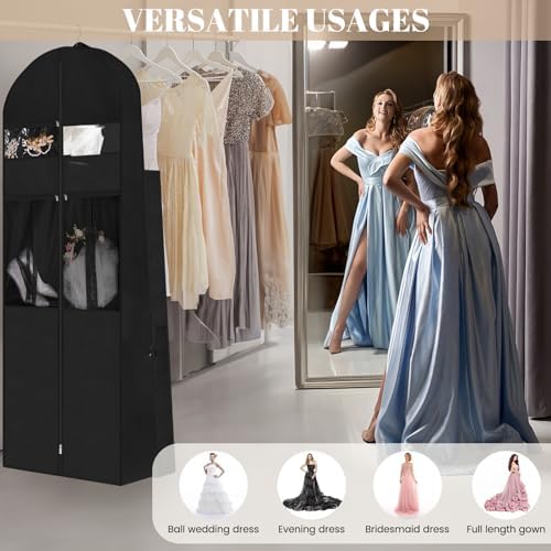 Wedding Dress Garment Bag,72" Tri-Fold Bridal Gown Bag with 6 Pouches and Adjustable Buckle Gown Cover for Wedding/Prom/Travel/Closet Storage (Black)