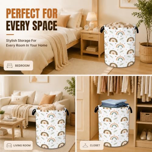 Boho Decorative Laundry Basket with Handles, Foldable Oxford Clothes Hamper with Boho Rainbow, Portable Dirty Clothes Storage Basket for Bedroom Bathroom Dorm Laundry Room