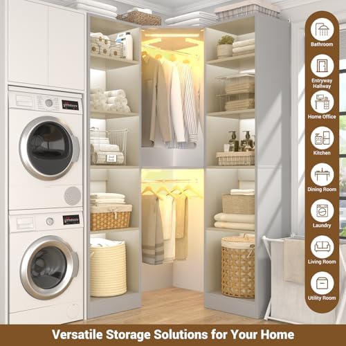 Besiost Corner Closet System with 2 Motion Sensor Lights, 39.2" Corner Closet Organizer with 12 Shelves, Closet Corner with 2 Hanging Rods, Versatile 6-Tier Walk-in Closets for Corner Space, Grey