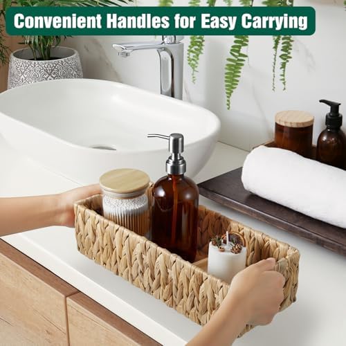 dreamkey Toilet Basket Tank Topper, Set of 2 Water Hyacinth Wicker Bathroom Storage Baskets, Back of Toilet Organizer for Toilet Paper, Towels, Toiletries, Hand Woven Nesting Baskets with Handles