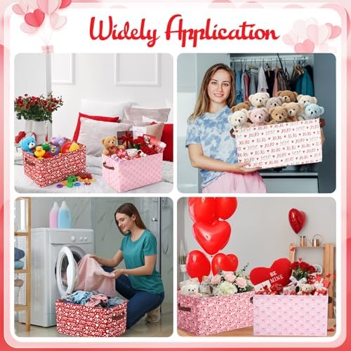 Boao 4 Pack Valentines Day Storage Baskets for Gifts Empty Collapsible Valentines Laundry Storage Bins with Handles Decorative Shelf Baskets Boxes for Home Bedroom Office Clothes Toys Containers