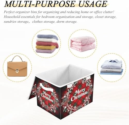 senya Christmas Storage Baskets Christmas Monogram Wreath Tartan Plaid | Collapsible Storage Bins with Lids Boxes Clothes Baskets for Organizing