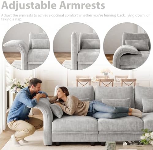 LLappuil Deep Modular Sectional Sofa Sleeper 12 Person Chenille Sectional Couches for Living Room with Storage Ottoman, Adjustable Arms Backs Grey