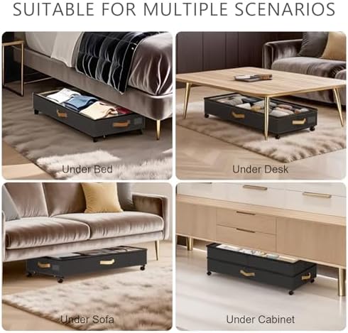 Under Bed Storage with Wheels 2-Pack, 75L XXL Under the Bed Storage Containers Large, 12" Tall Adjustable Storage for Underbed with Lids, Rolling for Clothes, Shoes, Blankets (4PCS-Black)