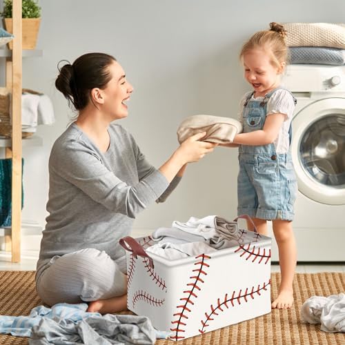 Baseball Decor Storage Basket Waterproof Canvas Toy Storage Bin Baseball Room Decor Collapsible Outdoor Basket with Leather Handles Blanket Baskets For Closets,Bedrooms,Gifts Baskets