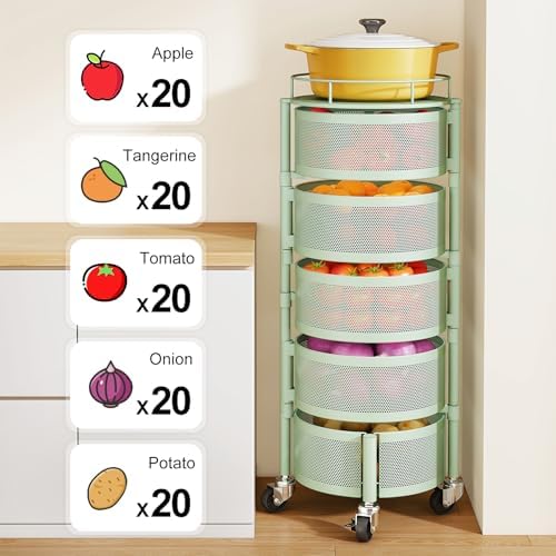 SNTD 5-Tier Fruit and Vegetable Basket Bowls for Kitchen, Rotating, Green