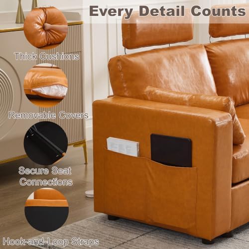 41.1" Accent Sofa Chair with Storage, Faux Leather Living Room Chairs with Headrest and Side Pockets, Mid Century Modern Arm Chair, Upholstered Comfy Single Couch Reading Club Chairs, Brown