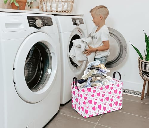 Rectangle Gift Storage Basket Home Shelf Storage Basket Organizer Box Clothes Laundry Hamper Nursery Basket Laundry Basket with Handles (Heart)