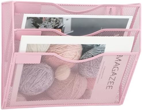 EASEPRES 3 Pocket Mesh Hanging Wall File Organizer, Wall Mounted Mail Paper Document Folder Holder, Clipboard Storage Organization Magazine Rack with Nametag Label for Office Home School, Pink