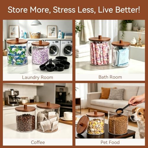 Amolliar 78oz/0.6Gal Clear Acrylic Laundry Pods Container (Dark Wood) | Laundry Room Organization, Detergent Container with Dark Wood Lids & 27 Labels for Bathroom/Kitchen Organizer