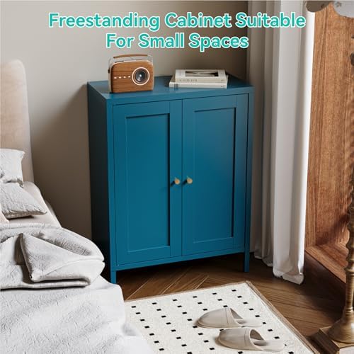 Metal Floor Storage Cabinet, Small Freestanding Sideboard Storage with 2 Adjustable Shelves for Bathroom Entryway Living Room Dining Room Coffee bar Kitchen,11.8"D x 23.6"W x 31.5"H,3-Tier,Teal Blue