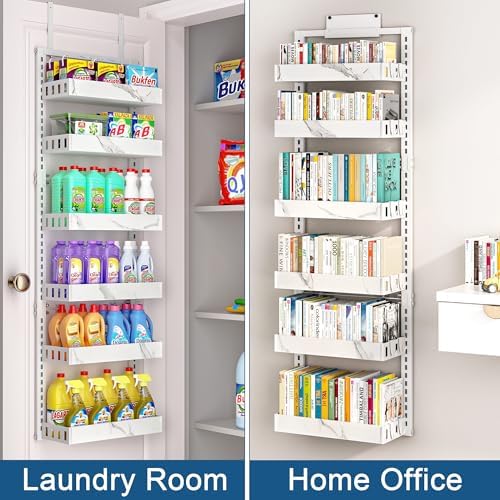 BUKFEN Over the Door Pantry Organizer, 6-Tier Adjustable Basket Spice Rack | 2-IN-1 Door & Wall Mounted, Heavy Duty Metal Storage Shelf, 12 Hooks, Behind Door Organizer for Kitchen, Bathroom, Closet