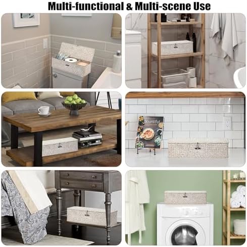 Sumnacon Extended Seagrass Storage Basket with Lid 3-Section Wicker Storage Basket,Small Woven Shelf Basket for Toiletries Tampon Storage,Seagrass Basket for Shelf Bathroom Toilet Counter,Whitewash