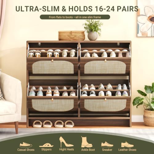 Nicetree Freestanding Ultra Slim Arched Accent Entryway Shoe Storage - 4 Flip Drawers & 3-Tier Adjustable Shelves, Modern Slim Shoe Cabinet for Hallway, Foyer (flip Down Shoe Cabinet | Amber Oak)