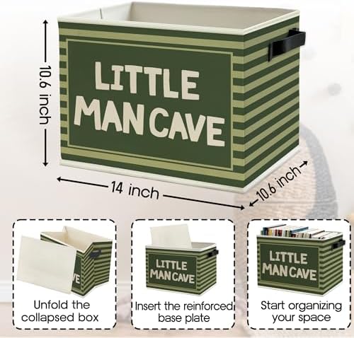 Little Man Cave Boys Storage Bins Box with Handles, Olive Green Striped Boho Collapsible Basket Organizer for Kids Boys Playroom Nursery Room Bedroom Bathroom Books Clothes