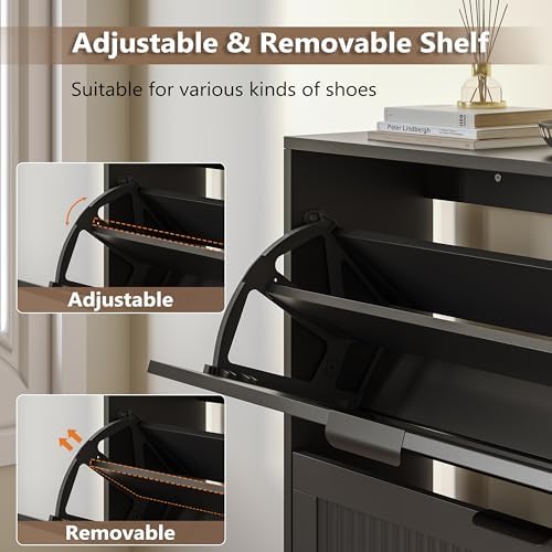 BORNOON Shoe Cabinet for Entryway with 2 Flip Drawers, Slim Wooden Shoe Storage Organizer with Modern Fluted Pannel,Freestanding Narrow Hidden Shoe Rack for Hallway, Foyer, Living Room