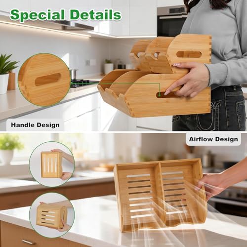 Bamboo Pantry Storage Bins,Fruits and Vegetables Basket | Stackable Potato & Onion Storage Bin for Kitchen Countertop,Multiuse - Set of 3 Pack