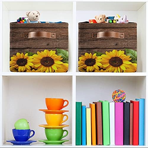 Sunflower Wooden Board Cube Storage Bin with Handle Collapsible Laundry Storage Basket Rectangle Toys Organizer for Home Office Closet Shelves Nursery 1 Pack