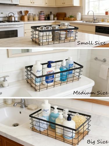 ShabbyDecor Metal Wire Basket for Kitchen Cabinets,Pantry,Bathroom,Set of 3 | Metal Storage Organizer with detachable Wood Base, Farmhouse Hanging Basket