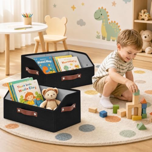 Bagnizer Closet Organizers and Storage, Linen Trapezoid Storage Bins with Handles, Collapsible Shelf Organizer for Blanket, Towel, Clothes, Hats, Purse (Black)
