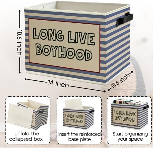 Long Live Boyhood Boys Storage Bins Box with Handles, Retro Blue Striped Collapsible Basket Organizer for Kids Boy Nursery Room Bedroom Bathroom Playroom Books Clothes