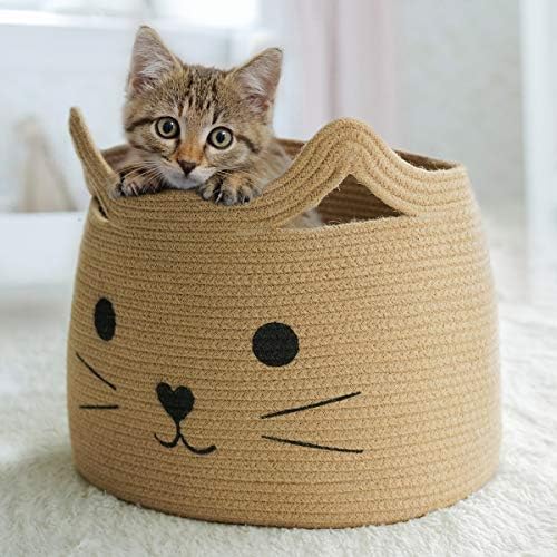 Large Woven Rope Cat Toy Basket with Cat Face Design, Jute