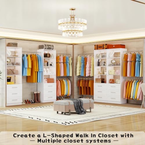 Closet System with 9 Drawers, 8FT-20FT Custom Closet Organizer System Modular Walk in Closet Storage Wooden System with 12 Expandable Hanging Rods Adjustable Shelves 3 Sets White(8FT-20FT)
