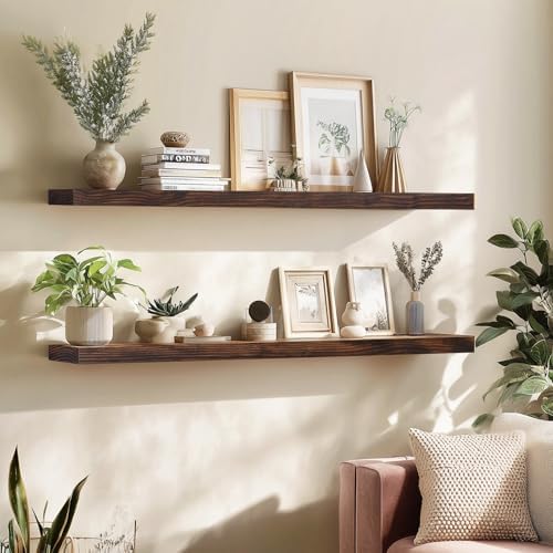 48x6.8x1.7in Solid Wood Floating Wall Shelf Set of 2 Walnut Finish