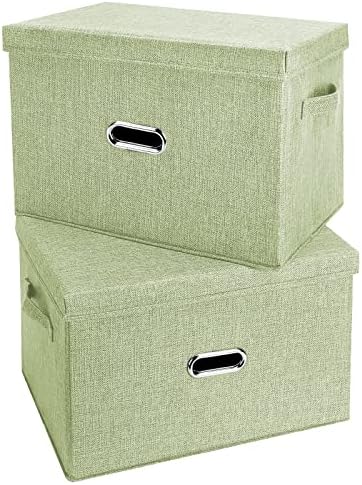 Large Linen Fabric Foldable Storage Bins with Removable Lid and Handles, Washable Storage Box Organizer Containers Baskets Cube with Cover for Bedroom,Closet,Office (Green, Medium(2-Pack))