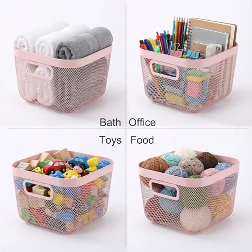 MorningRo 4 Pack Metal Mesh Basket with Hollow Handles Pink Wire Storage Bin for Organizing Stackable Metal Fine Mesh Basket for Pantry Bathroom Kitchen Cabinets Shelves (Medium)
