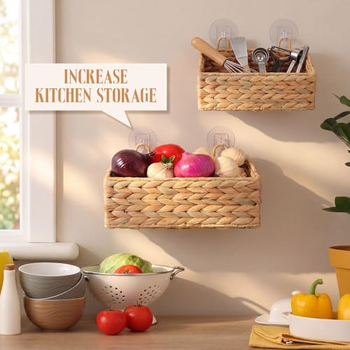 Tioncy 2 Pcs Hanging Wall Baskets for Storage, Boho Style Water Hyacinth Woven Baskets with 4 Hooks for Kitchen, Garden, Living Room