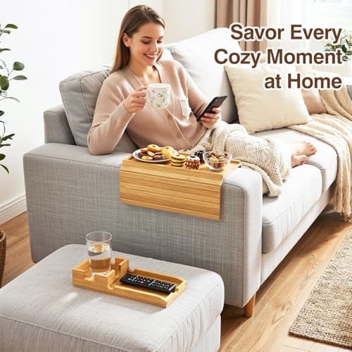 Couch Arm Tray, 2-in-1 Split Design Sofa Armrest Tray for Couch | Anti-Slip Couch Armrest Table, Foldable Couch Tray for Arm, for Dessert, Phone, Control, Cups, Natural