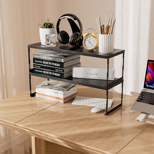 Stackable Expandable Metal Shelf Organizer - Adjustable Wire Storage Rack with Holes for Kitchen, Bathroom, Cabinet, Office - Space Saving, Durable & Sturdy Design(3PACKS/Medium/Black