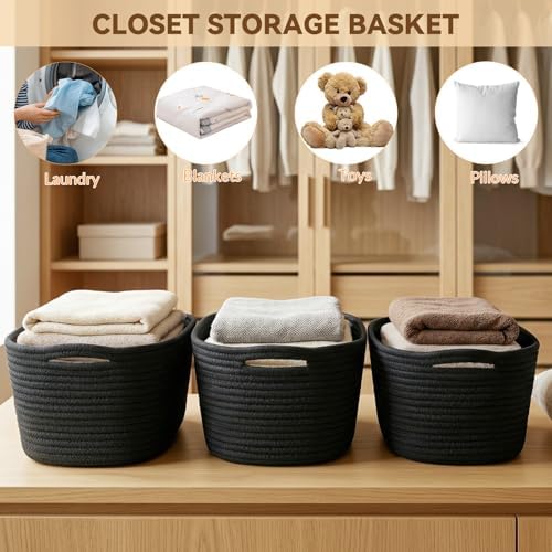 10 Pack Black Small Woven Baskets for Organizing, 11.5"x7.5"x4.7" Cotton Rope Storage Bins, Sleek Empty Gift Baskets for Modern Home, Office, Bathroom Shelf & Closet Organization