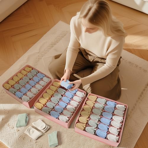 Sock Organizer 4 Pack - 24 Cell Foldable Underwear & Sock Storage, Drawer Organizer for Ties, Belts. (Pink)