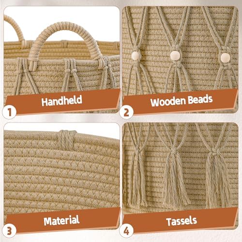 Blanket Basket for Living Room Decor Storage Basket for Toy Organizer Boho Decor Baskets for Modern Farmhouse Decor Small Laundry Basket for Bedroom and Laundry Room Organization,Beige