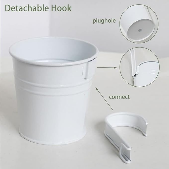 XZJMY 5 Pcs Hanging Flower Pots Metal Iron Bucket Planter Pot Metal Bucket Flower Holder with Hook Indoor Outdoor Decor for Railing Fence Balcony Garden (White)