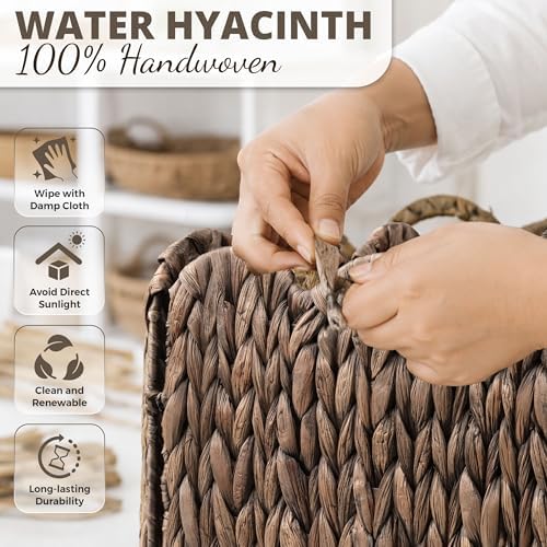Set of 4 Foldable Scalloped Wicker Storage Cubes Basket, Storage Cube Bins -12"x12"x12", Collapsible Cube Organizers, Water Hyacinth Woven Bins for Bathroom, Bedroom, Shelves,...(Espresso Color)