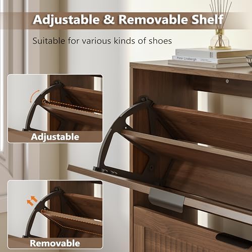 BORNOON Shoe Cabinet for Entryway with 6 Flip Drawers, Slim Wooden Shoe Storage Organizer with Modern Fluted Pannel,Freestanding Narrow Hidden Shoe Rack for Hallway, Foyer, Living Room