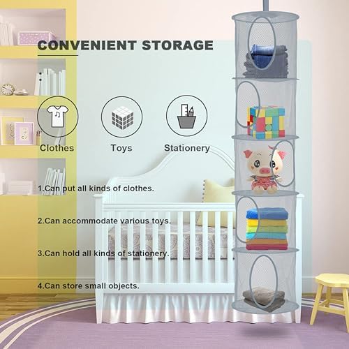 3Pcs Hanging Stuffed Animal Storage Hammock Net 5 Tiers, Grey