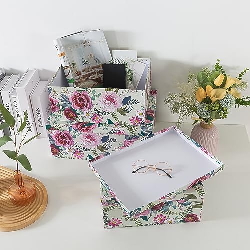 Soul & Lane - Floral Luxe Decorative Storage Boxes with Lids, Set of 3 | Large and Medium Nesting Cardboard Keepsake Boxes for Memories and Gifts, Pink Flower Containers for Home Decor