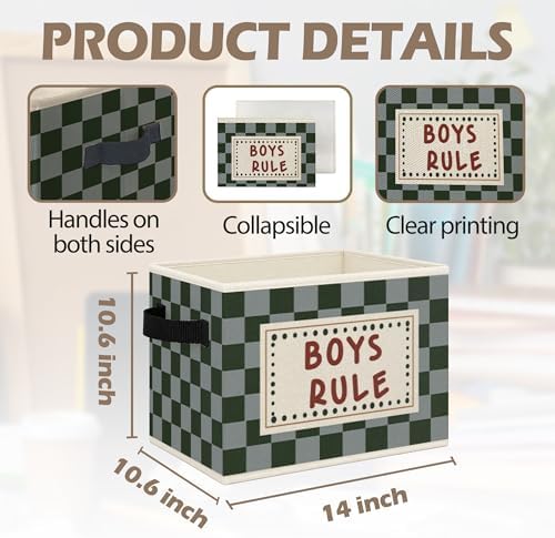 Kids Playroom Foldable Storage Bins Box with Handles, Boys Rule Retro Green Checkered Collapsible Toys Books Clothes Organizer Basket for Kids Boy Nursery Room Playroom Bedroom Bathroom