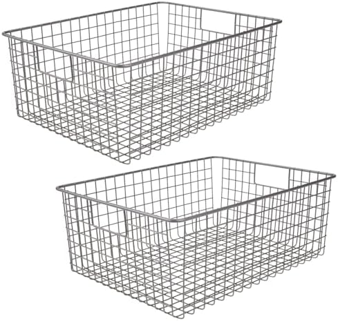 mDesign Metal Wire Food Storage Basket Organizer with Handles for Organizing Kitchen Cabinets, Pantry Shelf, Bathroom, Laundry Room, Closets, Garage - Concerto Collection - 2 Pack - Graphite Gray
