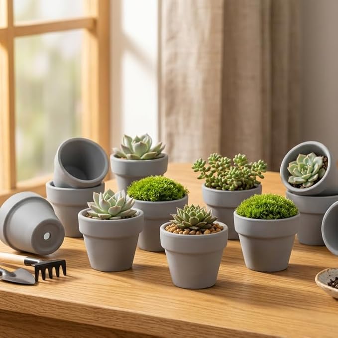 Mini Pastel Terracotta Pots for Micro Gardens – 30 Pack, 1.7” Tiny Breathable Clay Planters, Macaron Colors, for Moss, Fairy Gardens, Dollhouses, and Succulents (Painted Grey, 1.2 Inch)