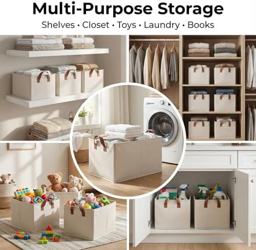 3 Pack Storage Bins Fabric Collapsible Organizers with Handles Sturdy Canvas with PP Board Beige Foldable Storage Box for Closet Shelves, Books, Toys, Clothes, Office Organization