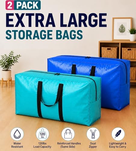 Extra Large Storage Bags, Jumbo Moving Tent Storage Bags, Foldable Big Turquoise XXL Duffle Bag for Travel,Christmas Tree Bag, 42x23x13.5inch - 2PACK