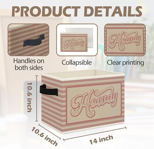 Pink Western Howdy Foldable Storage Bins Box with Handles, Pink Striped Western Nursery Collapsible Toys Books Clothes Organizer Basket for Kids Girl Nursery Room Bedroom Bathroom